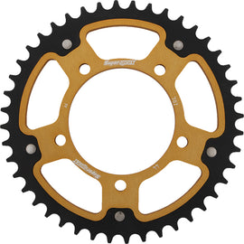 Supersprox rear stealth 44-tooth aluminum and steel motorcycle sprocket with gold finish, designed for durability and performance.
