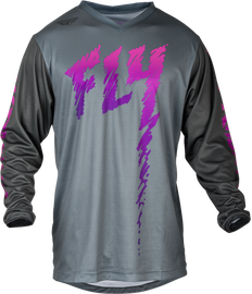 Fly Racing Youth F-16 Jersey in grey, charcoal, and pink with bold graphics, designed for youth motocross or dirt bike riding.