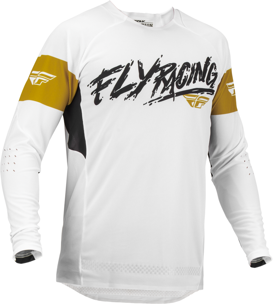 Fly Racing Evolution DST L.E. Brazen jersey in white, gold, and black, shown with detailed fabric and design elements.