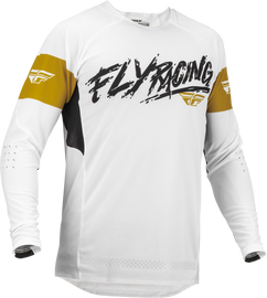 Fly Racing Evolution DST L.E. Brazen jersey in white, gold, and black, shown with detailed fabric and design elements.