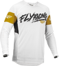 Fly Racing Evolution DST L.E. Brazen jersey in white, gold, and black, shown with detailed fabric and design elements.