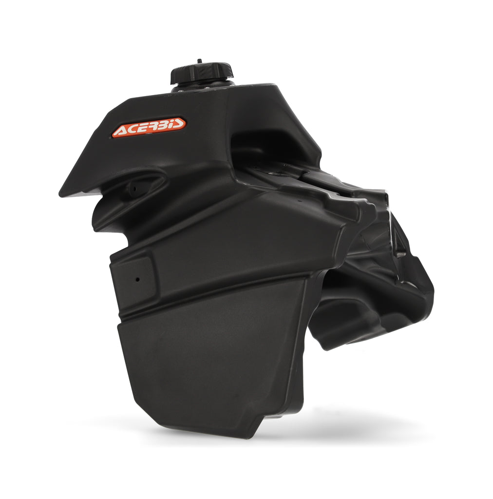 Acerbis 3.9-gallon black fuel tank for motorcycles with a sleek, durable design and secure mounting features.