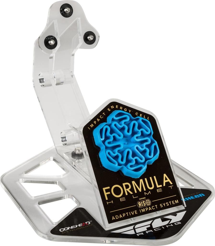 Fly Racing Formula display stand holding a helmet, made of clear acrylic, designed for helmet accessories and showcasing motorcycle helmets.