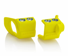 Yellow Acerbis fork shoe for RMZ250/450 motocross bikes, part number 27097-10005, shown on a motorcycle suspension component.