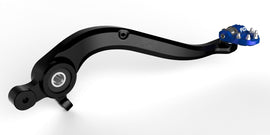Blue Flo Motorsports folding tip brake pedals for motorcycle, showing the sleek, foldable design with blue finish.