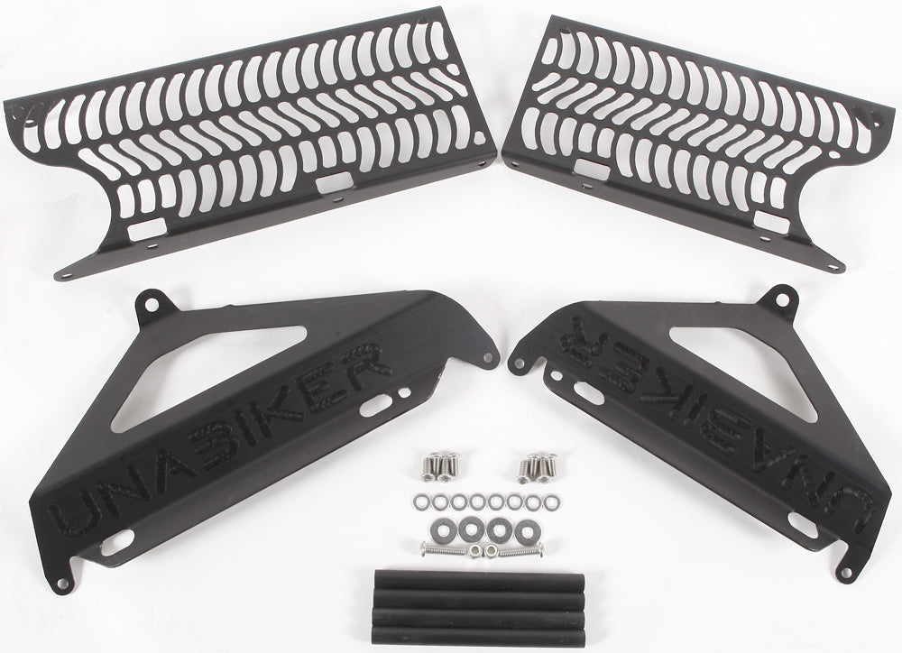 Black Unabiker radiator guard for motorcycle, featuring a sturdy metal mesh design to protect the radiator.