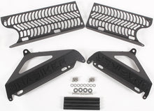 Load image into Gallery viewer, Black Unabiker radiator guard for motorcycle, featuring a sturdy metal mesh design to protect the radiator.