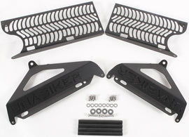 Black Unabiker radiator guard for motorcycle, featuring a sturdy metal mesh design to protect the radiator.