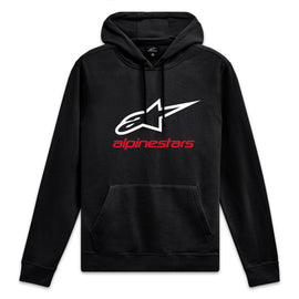 Alpine Star Always 2.0 Hoodie in black, white, and red, XL size, displayed on a hanger with front view.