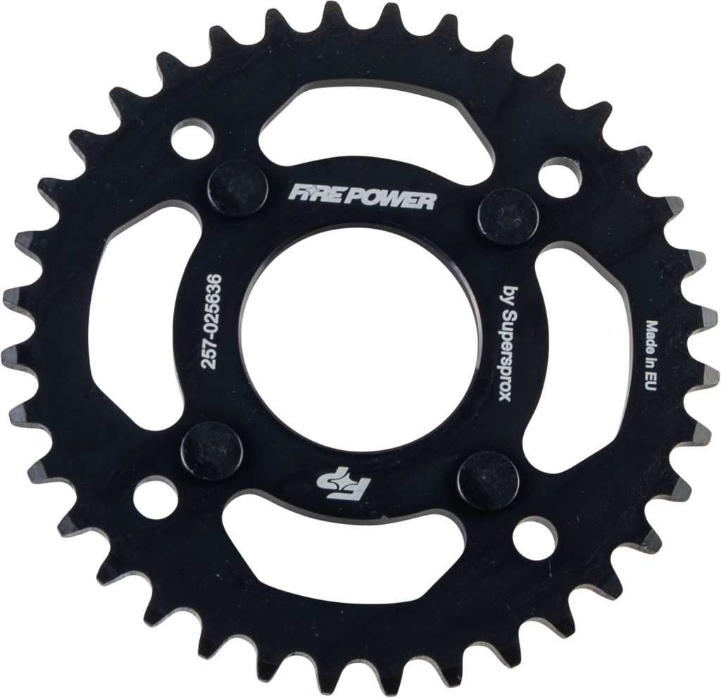 Steel 36-tooth Fire Power rear sprocket in black for bicycles, featuring a durable design and precise gear teeth.