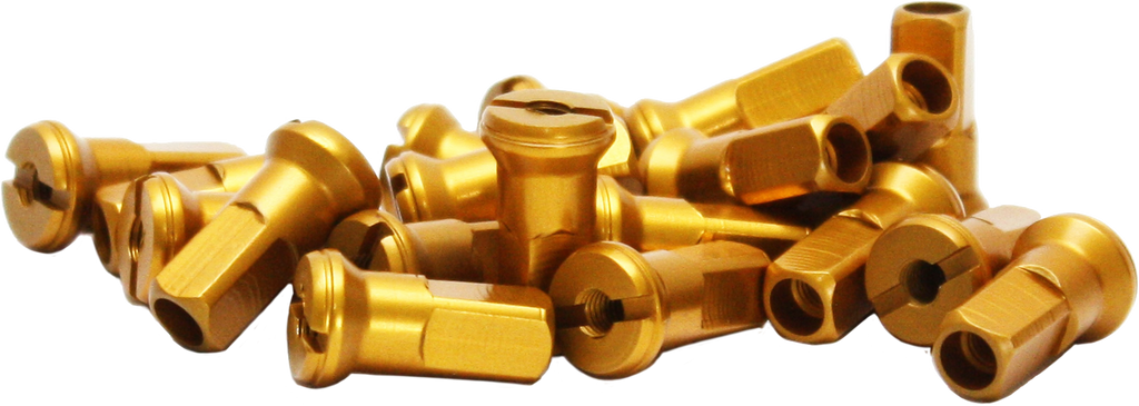 Gold Dubya spoke nipples for Honda CRF250, close-up of threaded spoke nipple with brand logo and shiny finish.