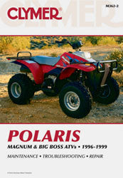 Clymer repair manual for Polaris Magnum 4x4 ATV, showing detailed pages with diagrams and instructions.