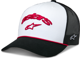 Alpine Star Agree Trucker Hat in white and black with mesh back and adjustable snap closure, casual headwear for outdoor activities.