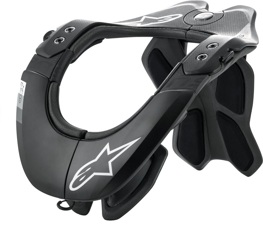 Alpine Star Bns Tech-2 Neck Support in black and cool grey, XS-MD size, shown in a close-up view highlighting the adjustable straps.