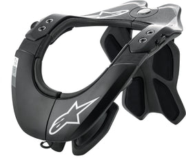 Alpine Star Bns Tech-2 Neck Support in black and cool grey, XS-MD size, shown in a close-up view highlighting the adjustable straps.