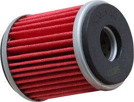 K&N Oil Filter 56-0140, a cylindrical oil filter with black rubber seals and metal body, designed for vehicle engine oil filtration.