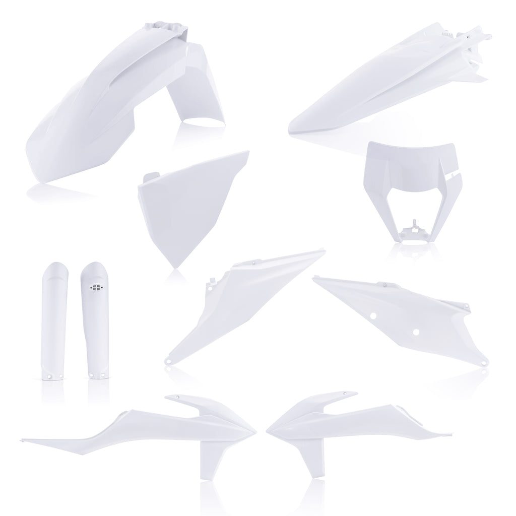 Acerbis full plastic motorcycle kit in white, includes various body panels and parts for bike customization and repair.