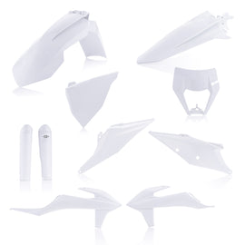 Acerbis full plastic motorcycle kit in white, includes various body panels and parts for bike customization and repair.