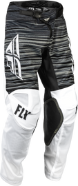 Fly Racing Youth Kinetic Mesh Pants in black, white, and grey, size 24, featuring lightweight, breathable fabric and adjustable waistband.