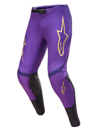 Alpine Star Supertech Le Champ racing pants in ultraviolet, gold, and black, size 36, featuring sleek sporty design and branding details.
