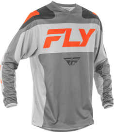 Fly Racing F-16 grey and orange motocross jersey, size large, with breathable fabric and bold design, displayed flat on a white background.
