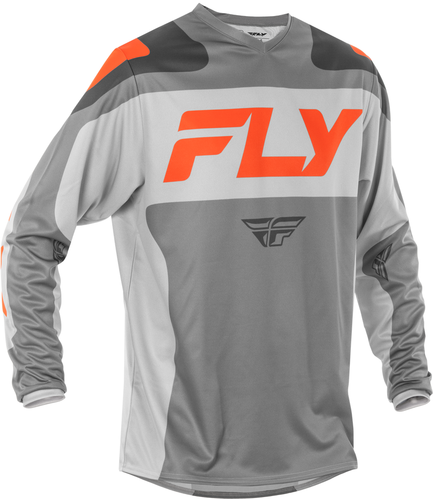 Fly Racing F-16 Grey and Orange Jersey XL, lightweight motocross jersey with breathable fabric and vibrant design.