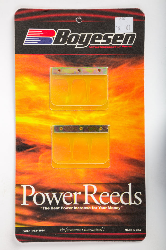 Boyesen motorcycle reeds 59-7607 for intake, carburetor, and fuel system, showing metal reed valves installed in engine setup.