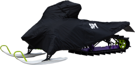 SP1 snowmobile cover for storage, easy-load design, durable material, fits snowmobiles securely, shown in black on snowmobile.