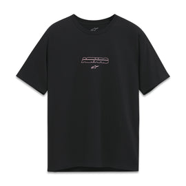 Alpine Star Bold Type Back CSF SS Tee in black, size large, displayed flat showing front and back design details.