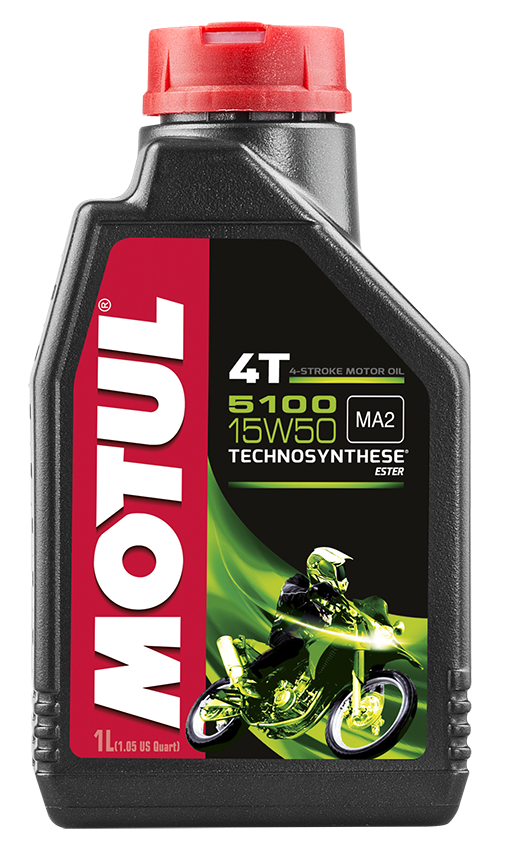 Motul 5100 Ester/Syn 15w50 engine oil container, 1-liter bottle, used for automotive engine lubrication and maintenance.