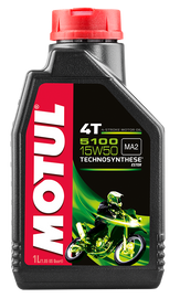 Motul 5100 Ester/Syn 15w50 engine oil container, 1-liter bottle, used for automotive engine lubrication and maintenance.