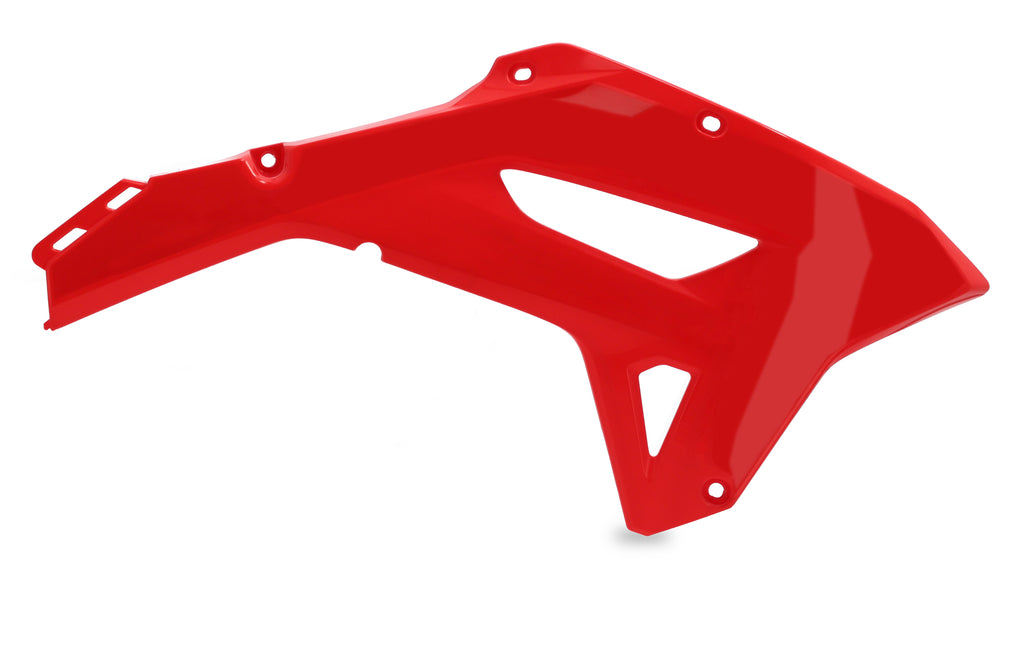 Acerbis Radiator Shroud Hon Red body panel for motorcycle, featuring sleek red design with branding and mounting details.