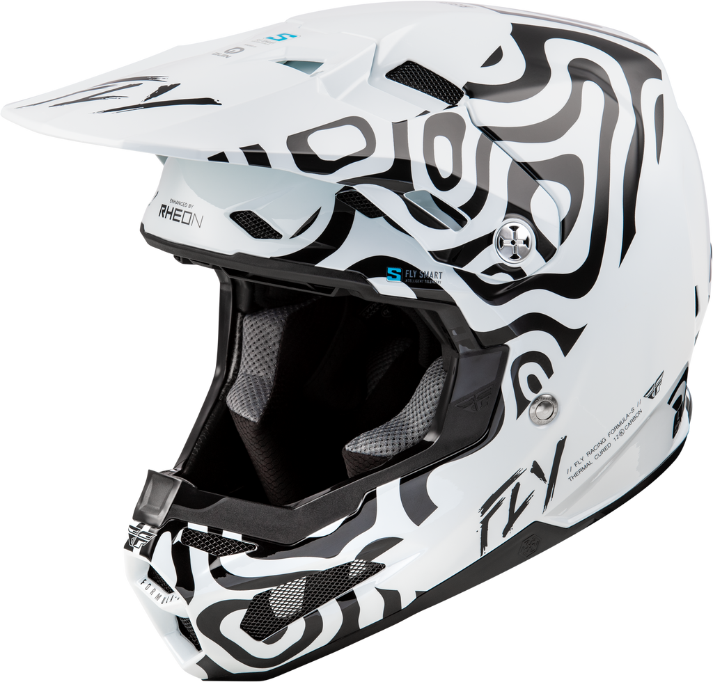 Fly Racing Formula S Carbon Abyss helmet in white and black, XS size, with sleek aerodynamic design and venting features.