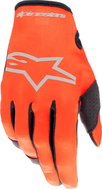 Alpine Star Radar Gloves in hot orange and black, showing the padded knuckles, adjustable wrist strap, and breathable material.