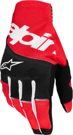 Alpine Star Techstar gloves in black and bright red, showing the lightweight design and textured grip surfaces.