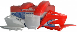 Red Polisport Plastics plastic body kit for motorcycles, featuring durable body panels and a sleek design.
