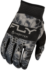 Fly Racing F-16 Se Kryptek Moss Grey/Black motorcycle gloves with padded knuckles and adjustable wrist straps.