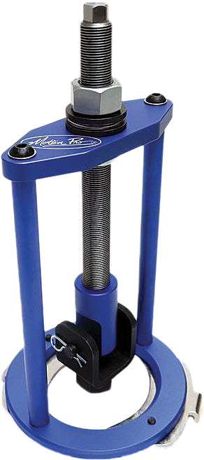 Motion Pro Shock Spring Compressor tool for motorcycle suspension, showing the coil compression device in use.