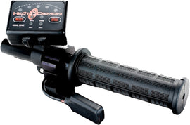 Heat Demons Quad Zone heated grip kit installed on motorcycle handlebars, showing black grips with control switches.