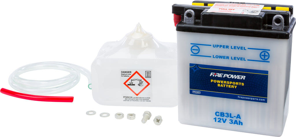 Fire Power 12V heavy duty battery CB3L-A with acid, designed for reliable power in automotive and industrial applications.