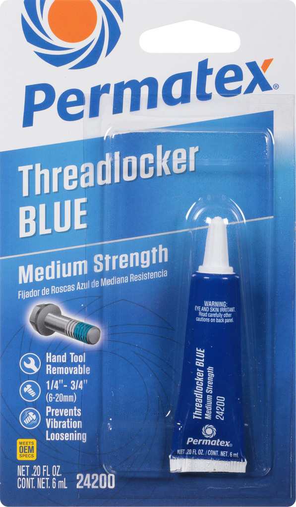 Permatex Medium Strength Blue Threadlocker in 6ml bottle, used for locking and sealing threaded fasteners in mechanical applications.