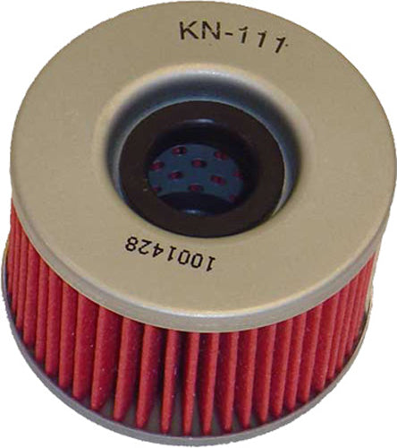 K&N Oil Filter 56-0111 showing a cylindrical oil filter with K&N branding and metal construction for vehicle engine oil filtration