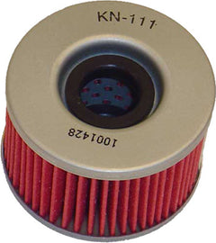 K&N Oil Filter 56-0111 showing a cylindrical oil filter with K&N branding and metal construction for vehicle engine oil filtration
