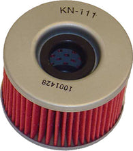 Load image into Gallery viewer, K&amp;N Oil Filter 56-0111, a cylindrical replacement oil filter with metal end caps and pleated paper filter media for vehicle engines.