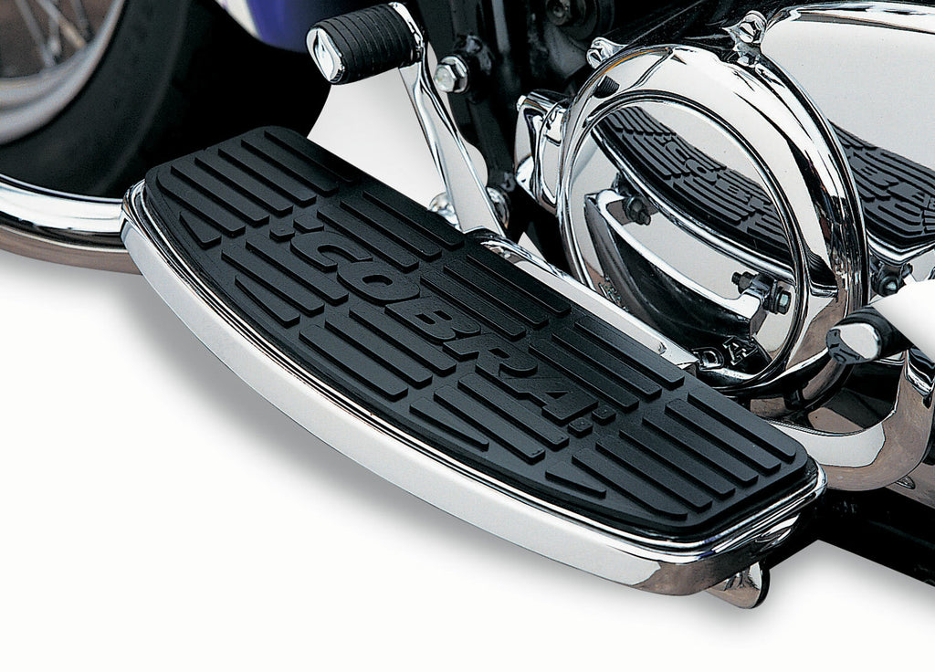 Cobra Passenger Floorboards for Honda Shadow Aero 750 motorcycle, foot controls with textured surface and chrome finish.