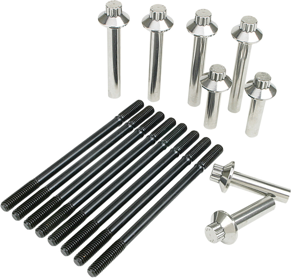 Feuling engine cylinder stud and head bolt kit with metal components, designed for motorcycle engine assembly.