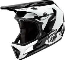 Load image into Gallery viewer, Fly Racing Rayce bicycle helmet in black, white, and grey, size XL, with vented design and adjustable straps.