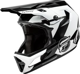 Fly Racing Youth Rayce bicycle helmet in black, white, and grey with adjustable straps and ventilation for kids' safety.