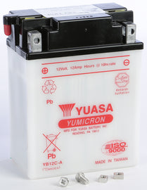 Yuasa Yb12c-A conventional 12-volt automotive battery with positive and negative terminals, designed for reliable vehicle power.