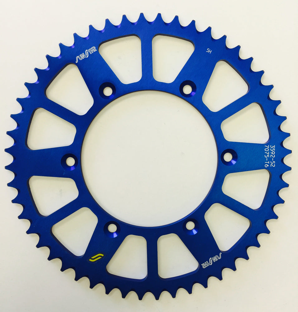 Sunstar aluminum rear sprocket 52t for Yamaha YZ250, blue finish, designed for 520 chains and durable motorcycle performance.